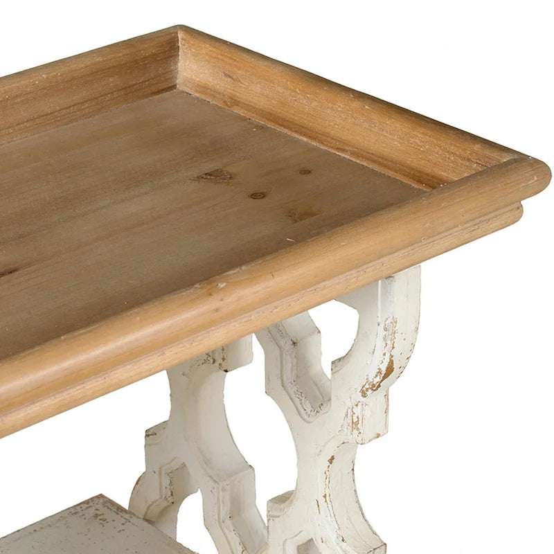 Table console 3 tiroirs de 35 pouces, en bois de sapin, panneaux sculptés, marron et blanc