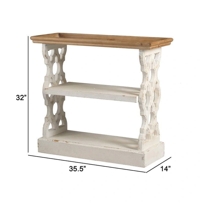 Table console 3 tiroirs de 35 pouces, en bois de sapin, panneaux sculptés, marron et blanc