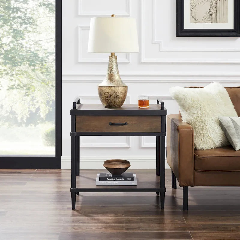 Table d'appoint Art Leon Mid-century en bois avec tiroir