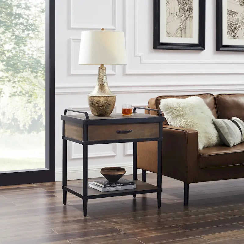 Table d'appoint Art Leon Mid-century en bois avec tiroir