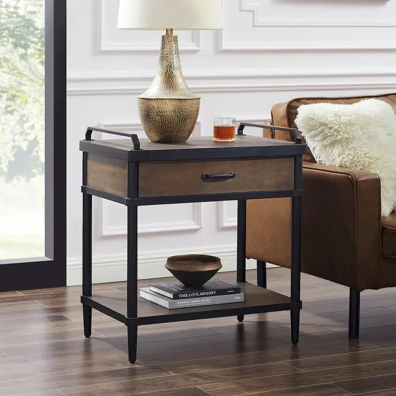 Table d'appoint Art Leon Mid-century en bois avec tiroir