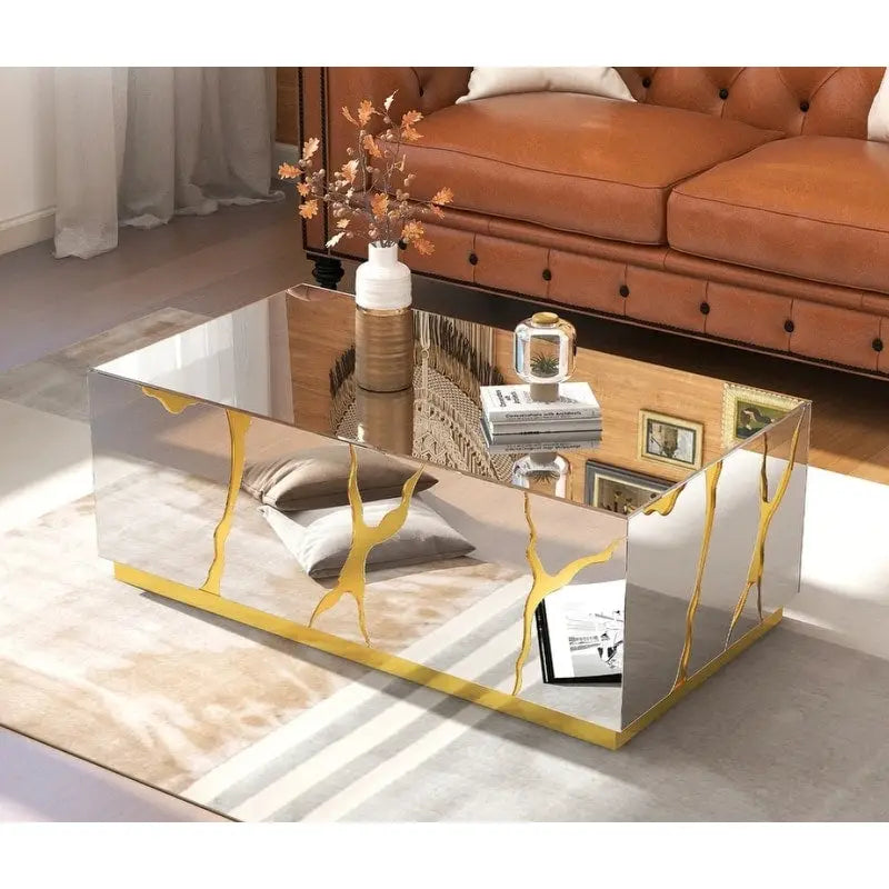 Table basse rectangulaire Miroir Fini doré craquelé