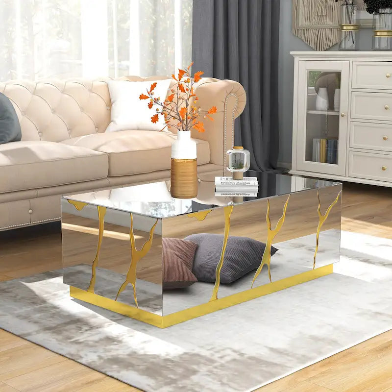 Table basse rectangulaire Miroir Fini doré craquelé