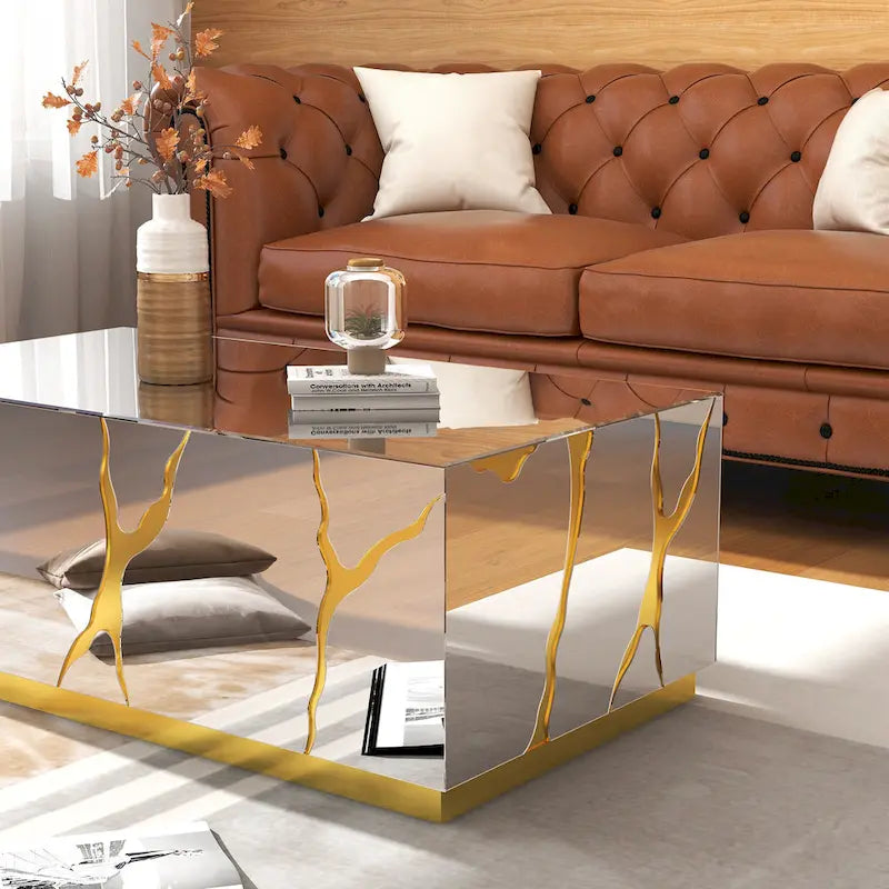 Table basse rectangulaire Miroir Fini doré craquelé