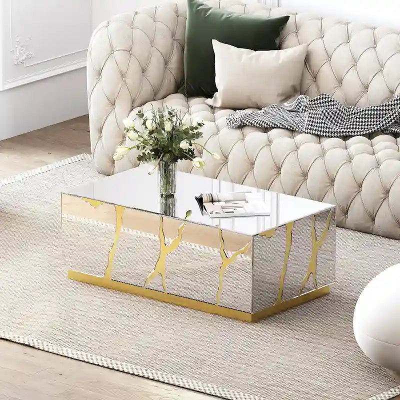 Table basse rectangulaire Miroir Fini doré craquelé