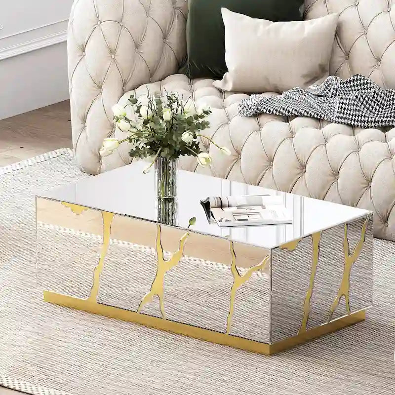 Table basse rectangulaire Miroir Fini doré craquelé