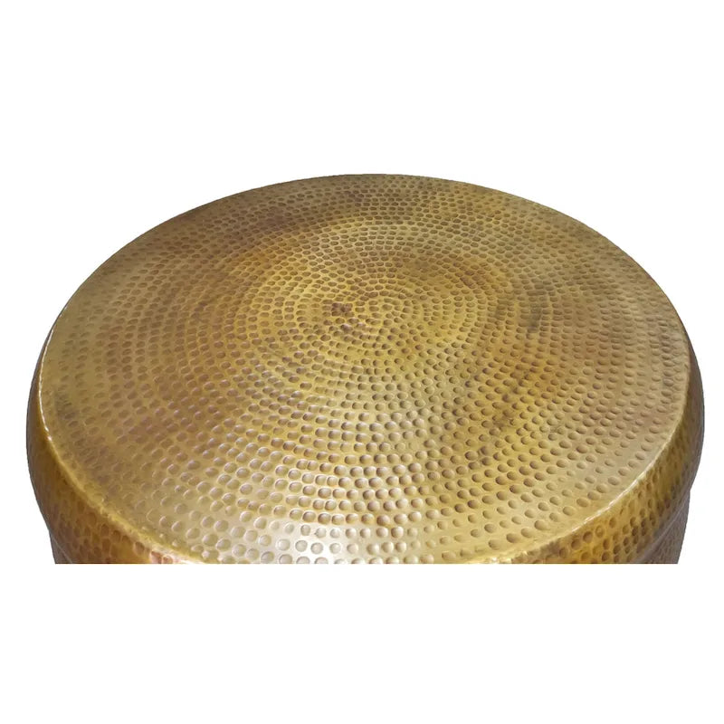 Table basse ronde de 81 cm, en forme de tambour, texture martelée en relief, aluminium, laiton antique