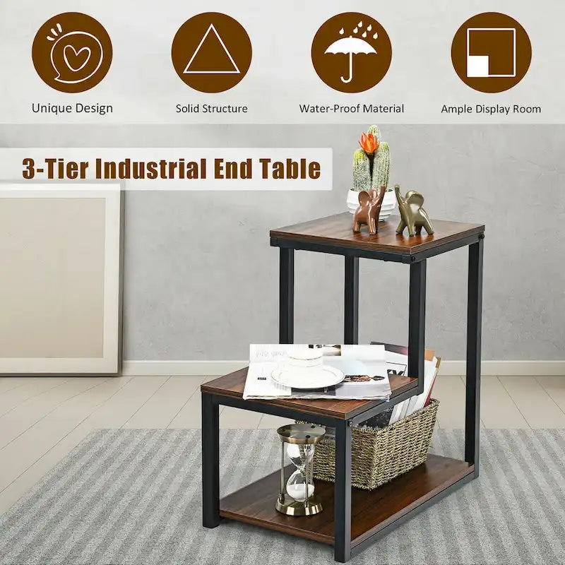 Costway Table d'appoint à 3 niveaux Table de chevet avec étagère de rangement pour