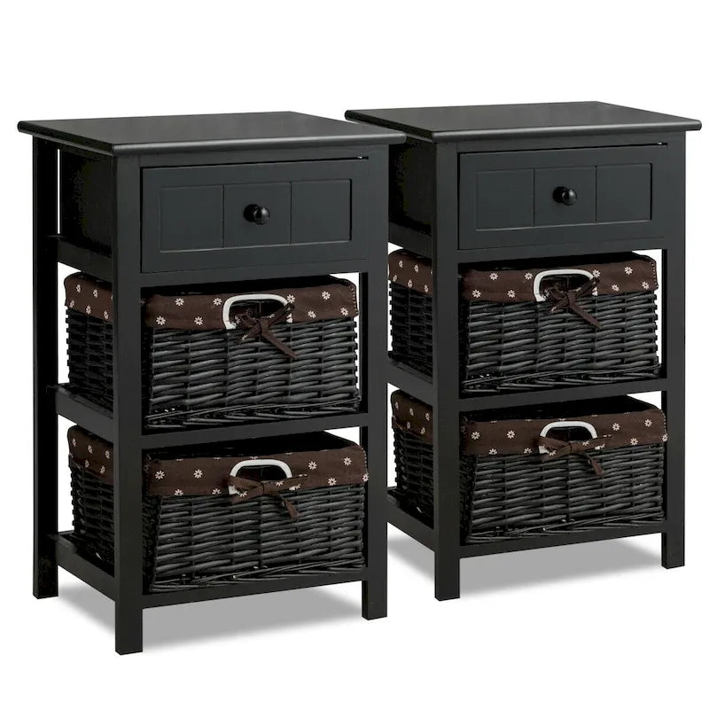 Lot de 2 tables de chevet/d'appoint à 3 niveaux en bois avec 2 paniers en osier et 1 tiroir - 16 x 12 x 25 po (L x l x H)