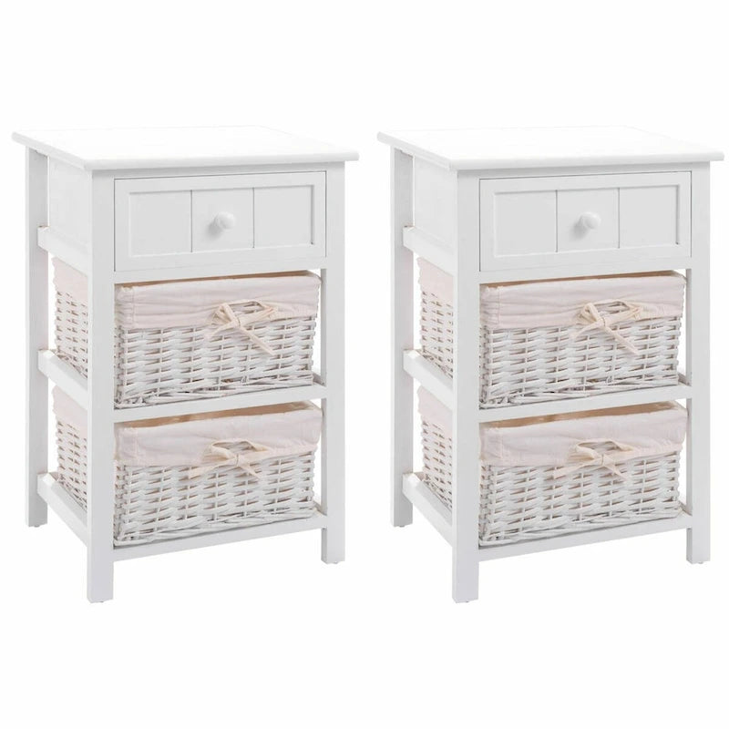 Lot de 2 tables de chevet/d'appoint à 3 niveaux en bois avec 2 paniers en osier et 1 tiroir - 16 x 12 x 25 po (L x l x H)