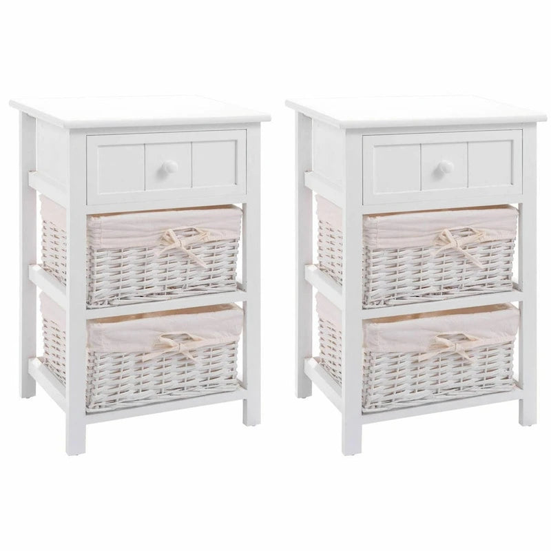 Lot de 2 tables de chevet/d'appoint à 3 niveaux en bois avec 2 paniers en osier et 1 tiroir - 16 x 12 x 25 po (L x l x H)