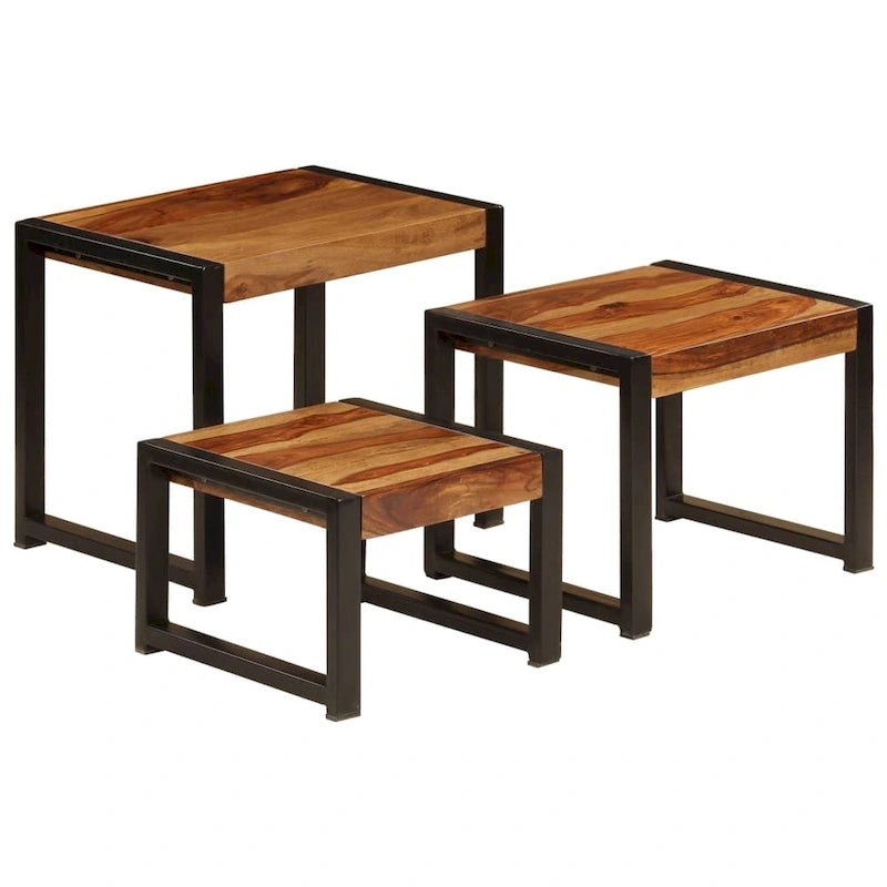 vidaXL Tables gigognes, 3 pcs, bois de Sesham, cadres en acier noir