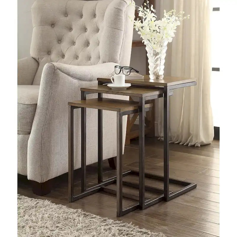 Lot de 3 tables gigognes marron et noires avec plateau en bois de manguier 23,5