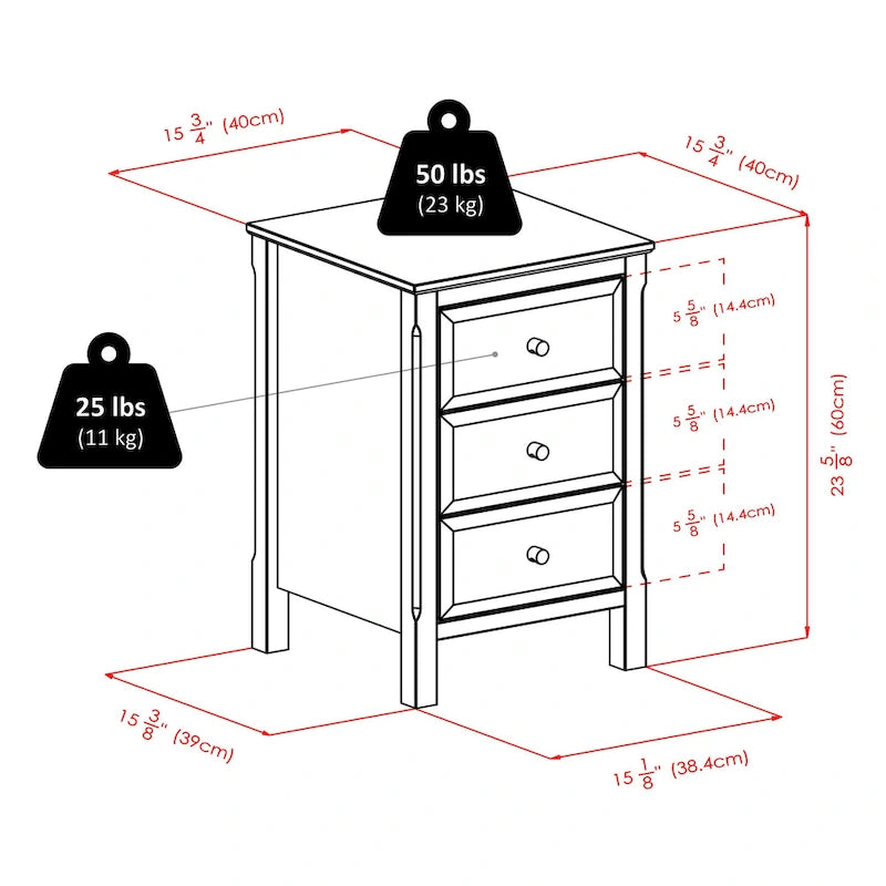 Table de chevet en bois noir avec 3 tiroirs de rangement spacieux - 15,75L x 15,75l x 23,63H