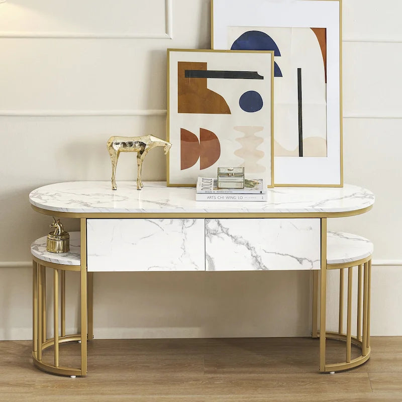 Ivinta Table Console Blanche, Plateau Moderne Effet Marbre, Structure Métallique Dorée