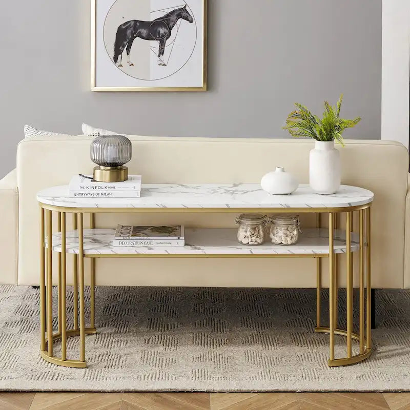 Ivinta Table Console Blanche, Plateau Moderne Effet Marbre, Structure Métallique Dorée