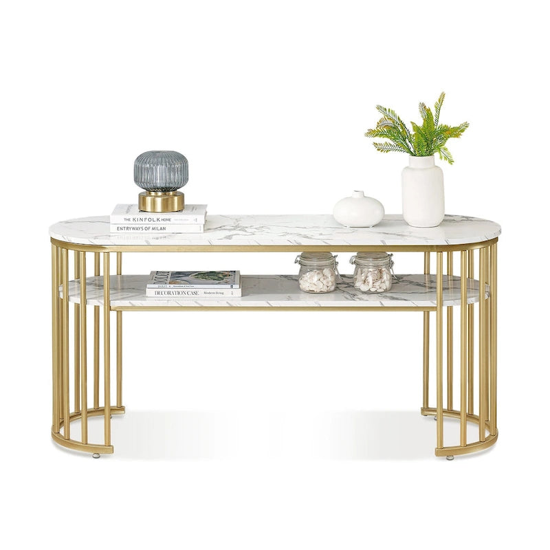 Ivinta Table Console Blanche, Plateau Moderne Effet Marbre, Structure Métallique Dorée