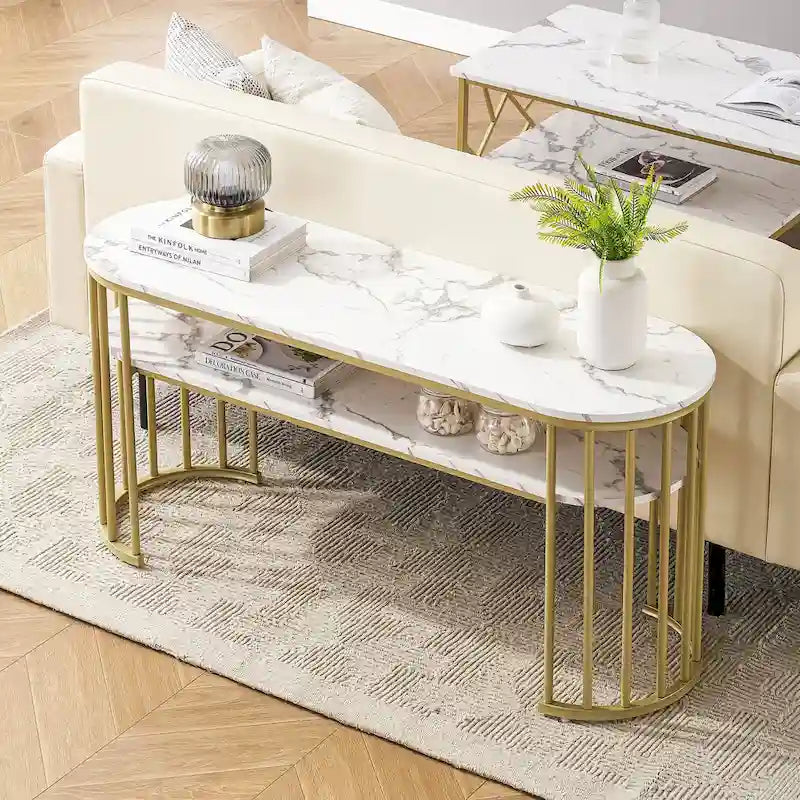 Ivinta Table Console Blanche, Plateau Moderne Effet Marbre, Structure Métallique Dorée