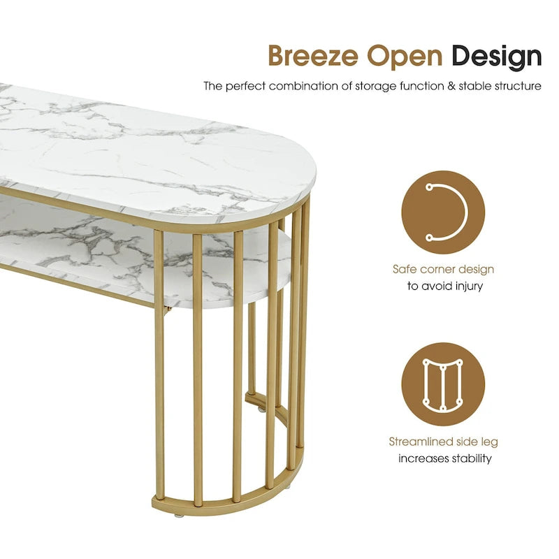 Ivinta Table Console Blanche, Plateau Moderne Effet Marbre, Structure Métallique Dorée