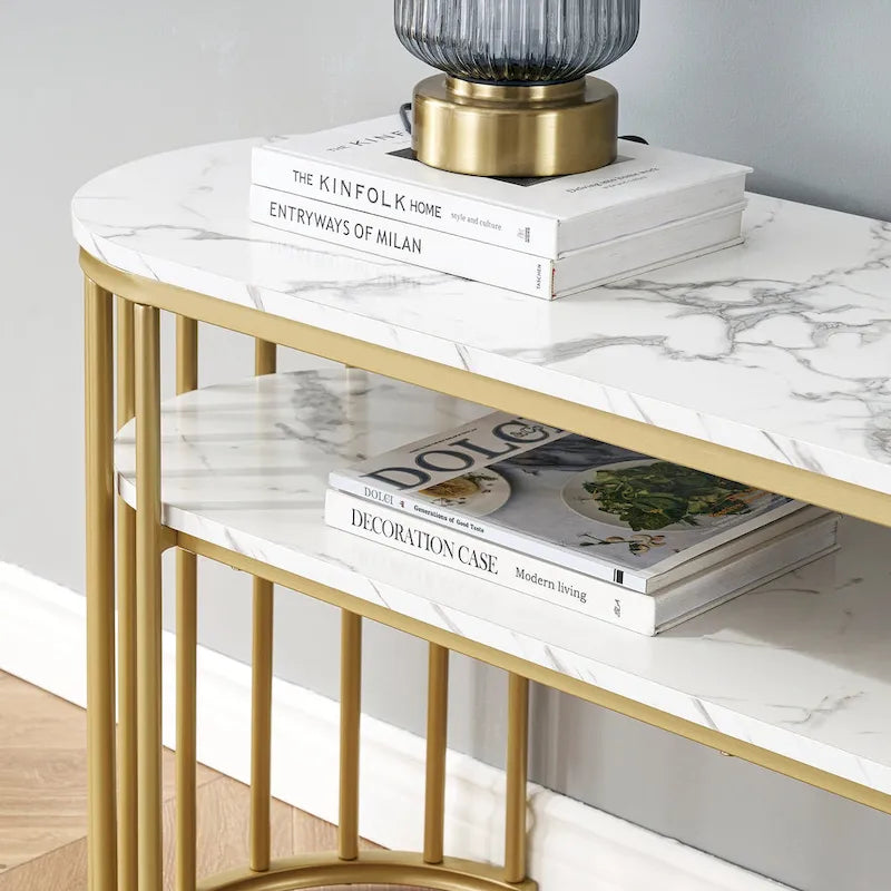 Ivinta Table Console Blanche, Plateau Moderne Effet Marbre, Structure Métallique Dorée