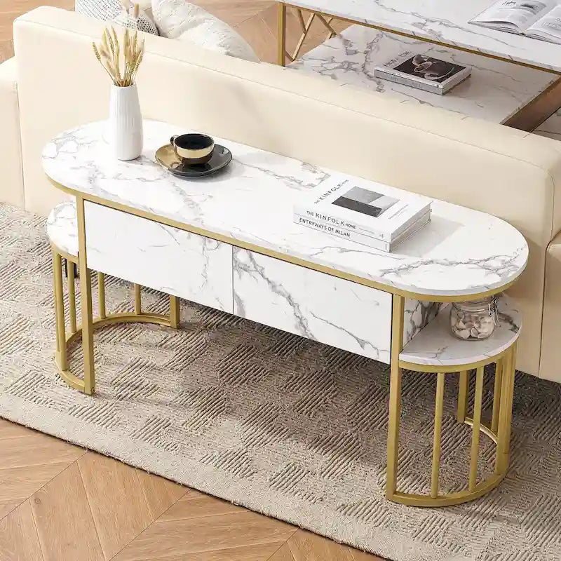 Ivinta Table Console Blanche, Plateau Moderne Effet Marbre, Structure Métallique Dorée