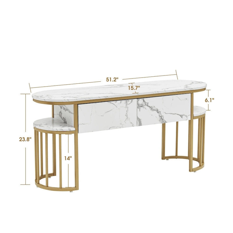 Ivinta Table Console Blanche, Plateau Moderne Effet Marbre, Structure Métallique Dorée