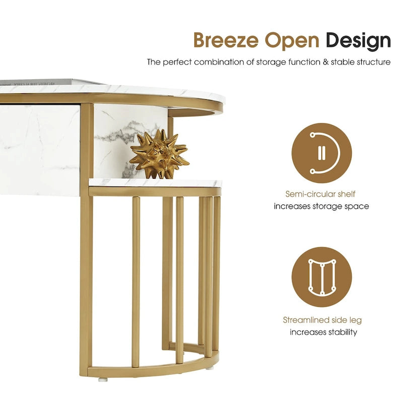 Ivinta Table Console Blanche, Plateau Moderne Effet Marbre, Structure Métallique Dorée