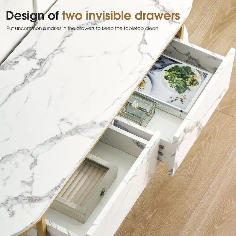 Ivinta Table Console Blanche, Plateau Moderne Effet Marbre, Structure Métallique Dorée