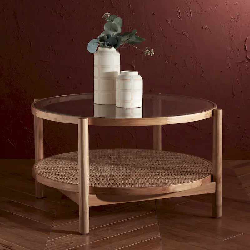 Table basse SAFAVIEH Couture Falak à 2 niveaux en rotin et verre – 35 po larg. x 35 po prof. x 18 po haut. – 35 larg. x 35 prof. x 18 haut.