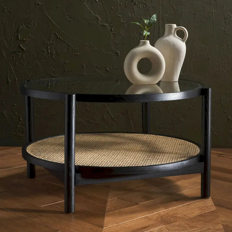 Table basse SAFAVIEH Couture Falak à 2 niveaux en rotin et verre – 35 po larg. x 35 po prof. x 18 po haut. – 35 larg. x 35 prof. x 18 haut.
