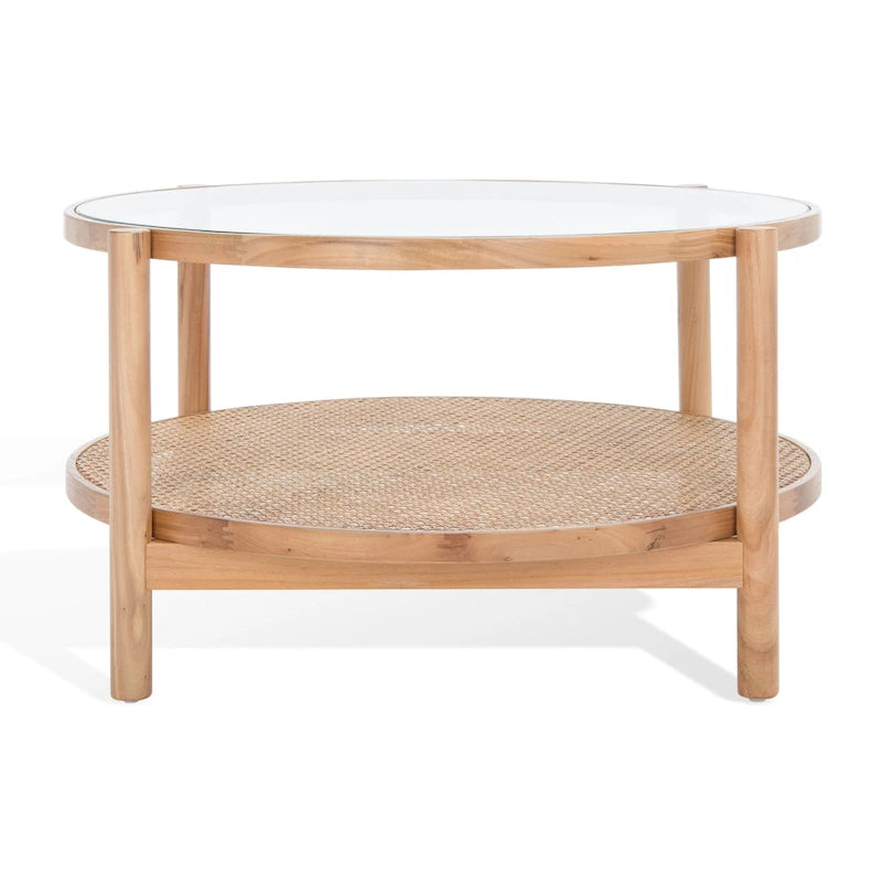 Table basse SAFAVIEH Couture Falak à 2 niveaux en rotin et verre – 35 po larg. x 35 po prof. x 18 po haut. – 35 larg. x 35 prof. x 18 haut.
