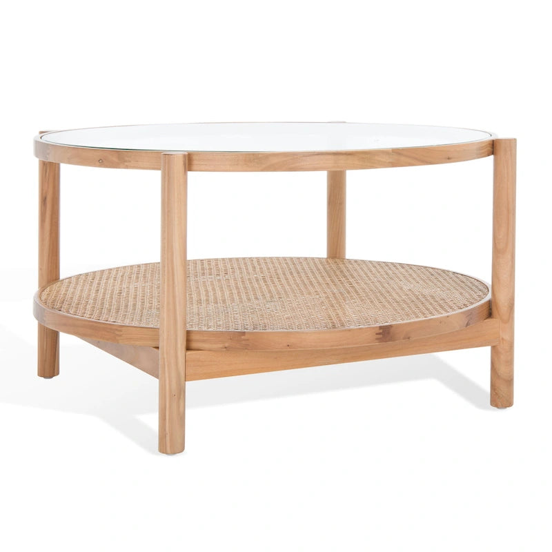 Table basse SAFAVIEH Couture Falak à 2 niveaux en rotin et verre – 35 po larg. x 35 po prof. x 18 po haut. – 35 larg. x 35 prof. x 18 haut.
