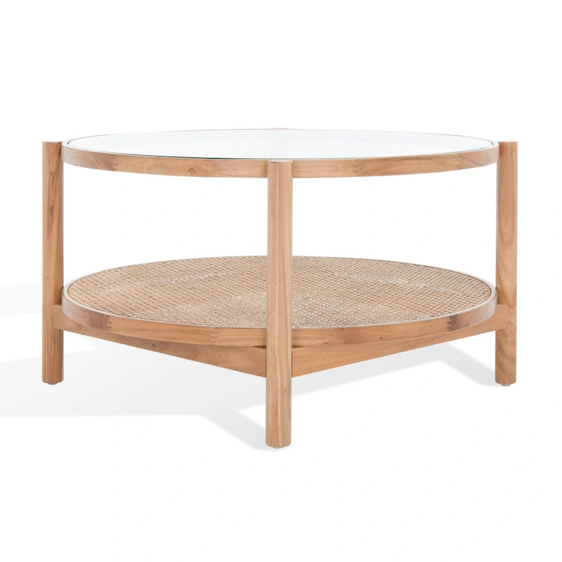 Table basse SAFAVIEH Couture Falak à 2 niveaux en rotin et verre – 35 po larg. x 35 po prof. x 18 po haut. – 35 larg. x 35 prof. x 18 haut.