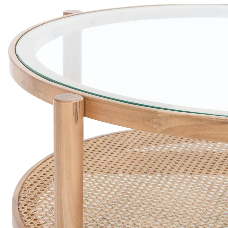 Table basse SAFAVIEH Couture Falak à 2 niveaux en rotin et verre – 35 po larg. x 35 po prof. x 18 po haut. – 35 larg. x 35 prof. x 18 haut.