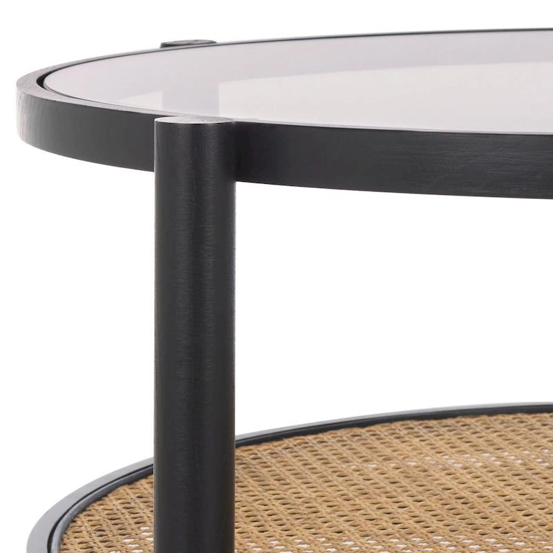 Table basse SAFAVIEH Couture Falak à 2 niveaux en rotin et verre – 35 po larg. x 35 po prof. x 18 po haut. – 35 larg. x 35 prof. x 18 haut.