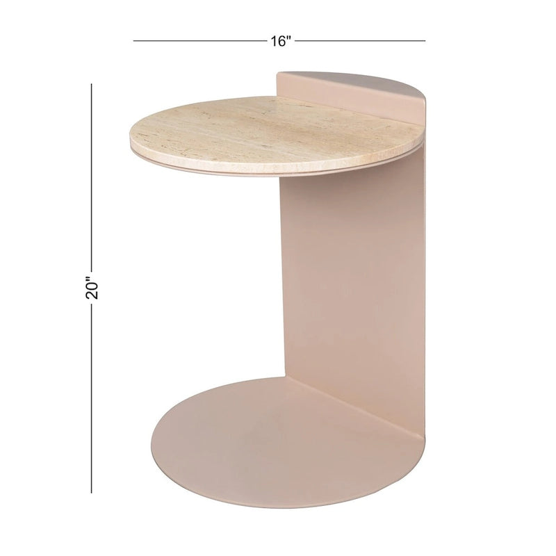Javier 20 Table d'appoint contemporaine en forme de C, marbre naturel/métal fait à la main, beige/rose beige, par JONATHAN Y.