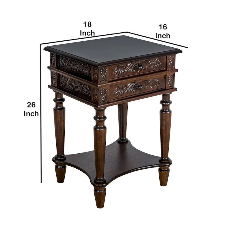 Table d'appoint à 2 tiroirs avec sculptures complexes et étagère inférieure ouverte, marron