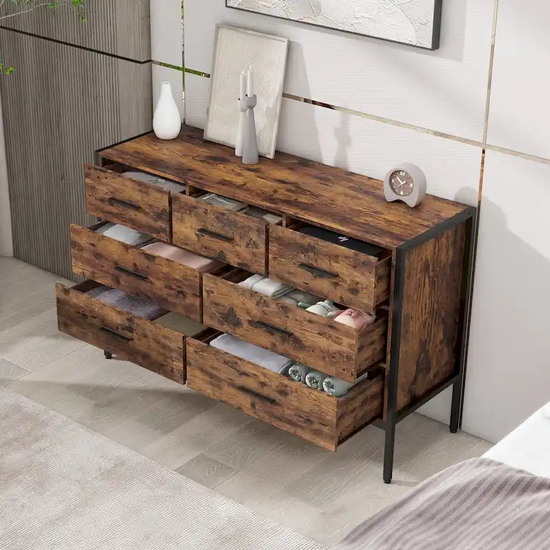 Commode en bois à 7 tiroirs, Armoire de rangement en bois pour chambre à coucher, Meuble à vêtements solide avec cadre en acier robuste