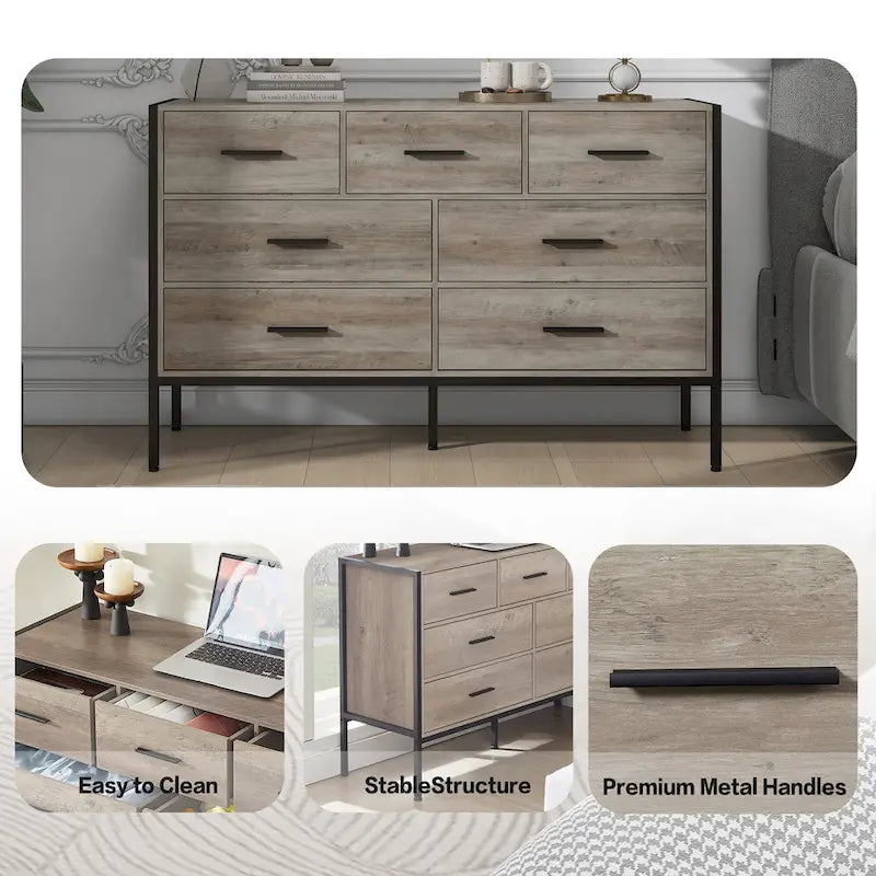 Commode en bois à 7 tiroirs, Armoire de rangement en bois pour chambre à coucher, Meuble à vêtements solide avec cadre en acier robuste