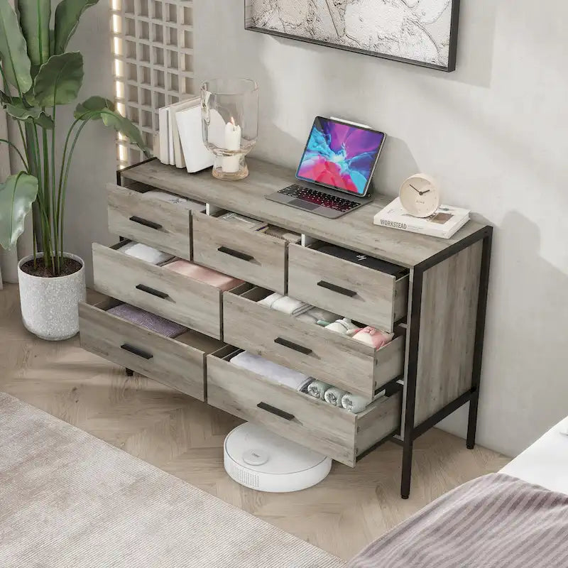 Commode en bois à 7 tiroirs, Armoire de rangement en bois pour chambre à coucher, Meuble à vêtements solide avec cadre en acier robuste
