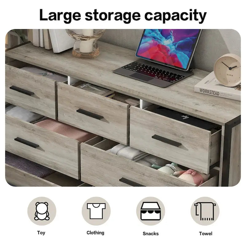 Commode en bois à 7 tiroirs, Armoire de rangement en bois pour chambre à coucher, Meuble à vêtements solide avec cadre en acier robuste