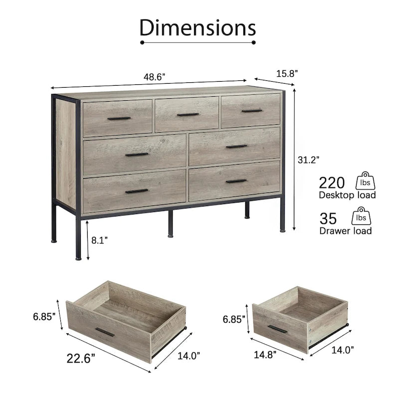 Commode en bois à 7 tiroirs, Armoire de rangement en bois pour chambre à coucher, Meuble à vêtements solide avec cadre en acier robuste