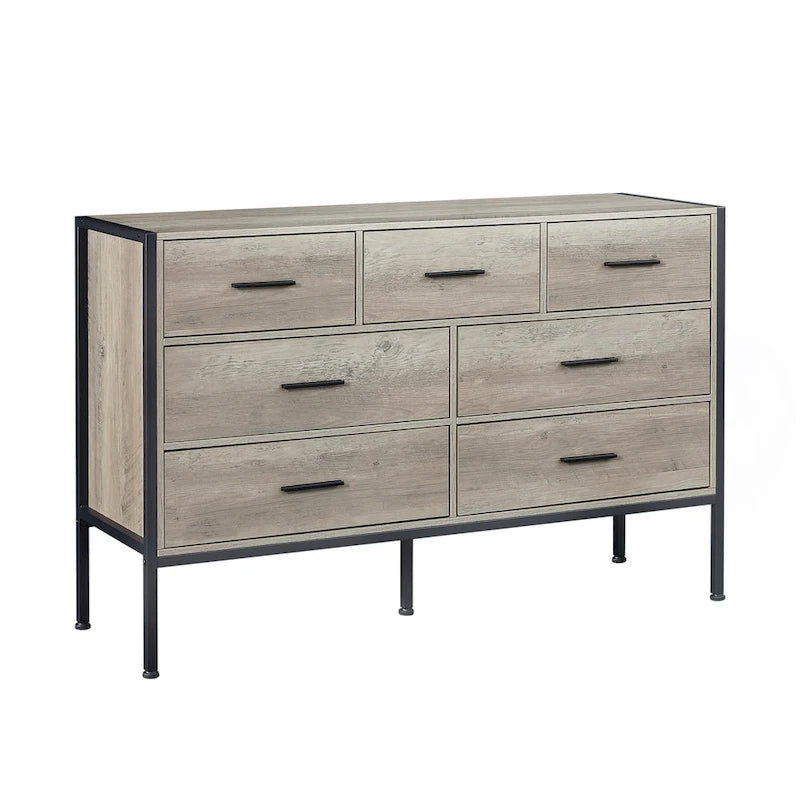 Commode en bois à 7 tiroirs, Armoire de rangement en bois pour chambre à coucher, Meuble à vêtements solide avec cadre en acier robuste