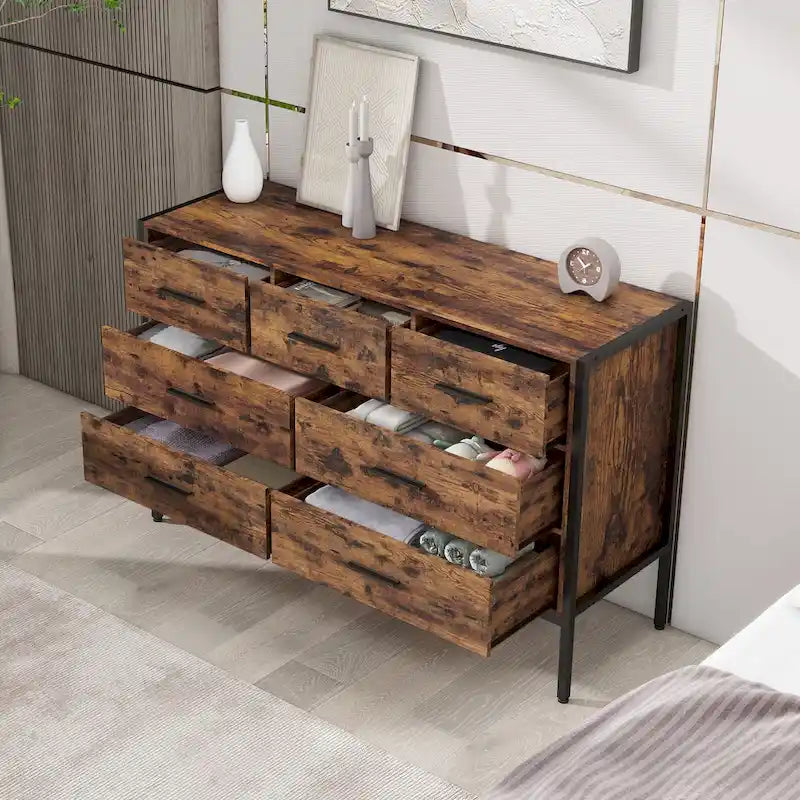 Commode en bois à 7 tiroirs, Armoire de rangement en bois pour chambre à coucher, Meuble à vêtements solide avec cadre en acier robuste