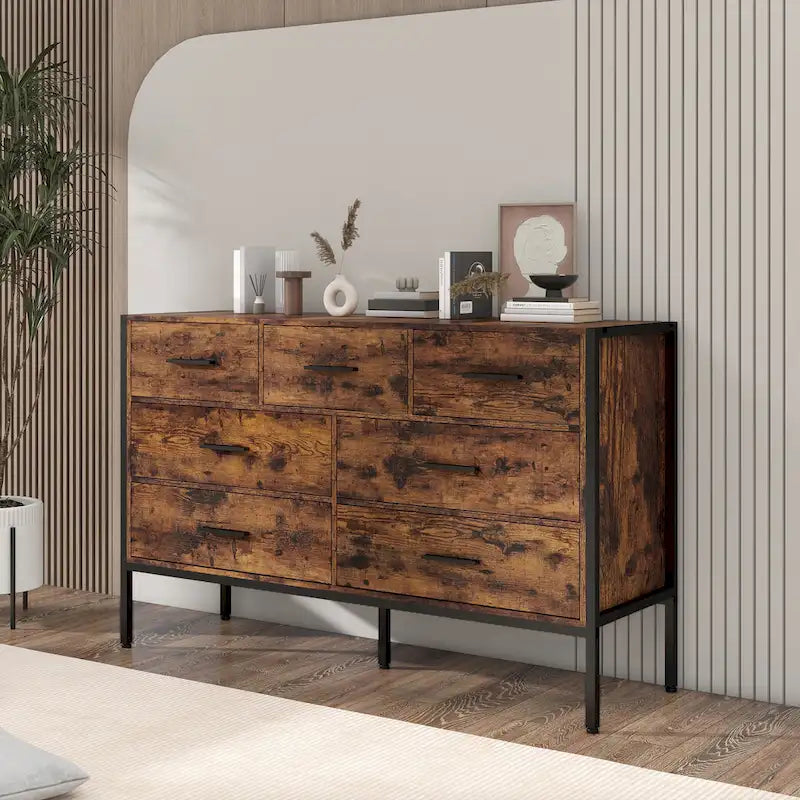 Commode en bois à 7 tiroirs, Armoire de rangement en bois pour chambre à coucher, Meuble à vêtements solide avec cadre en acier robuste