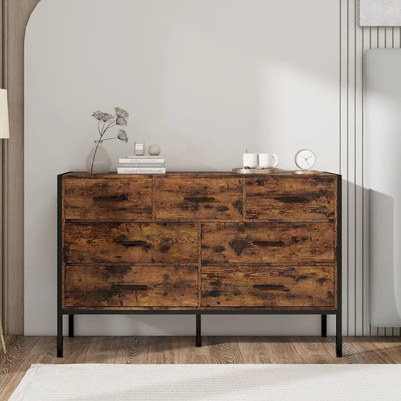 Commode en bois à 7 tiroirs, Armoire de rangement en bois pour chambre à coucher, Meuble à vêtements solide avec cadre en acier robuste