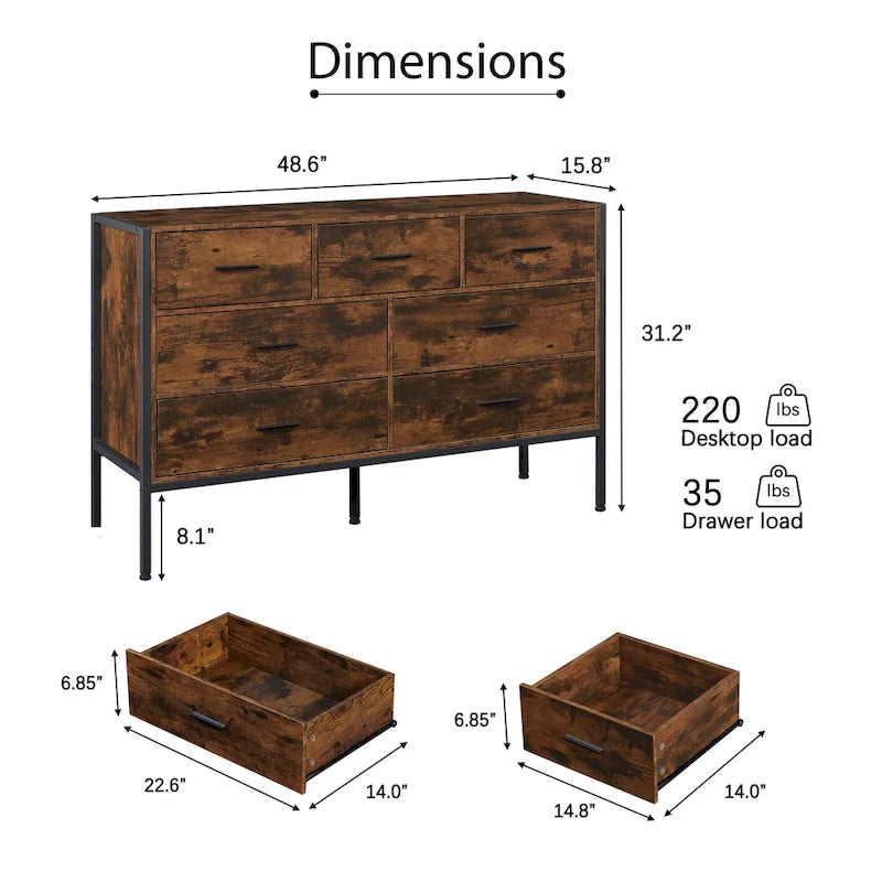Commode en bois à 7 tiroirs, Armoire de rangement en bois pour chambre à coucher, Meuble à vêtements solide avec cadre en acier robuste