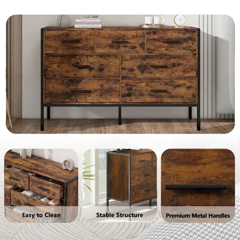 Commode en bois à 7 tiroirs, Armoire de rangement en bois pour chambre à coucher, Meuble à vêtements solide avec cadre en acier robuste