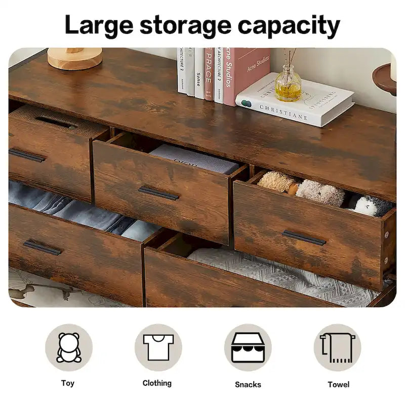 Commode en bois à 7 tiroirs, Armoire de rangement en bois pour chambre à coucher, Meuble à vêtements solide avec cadre en acier robuste