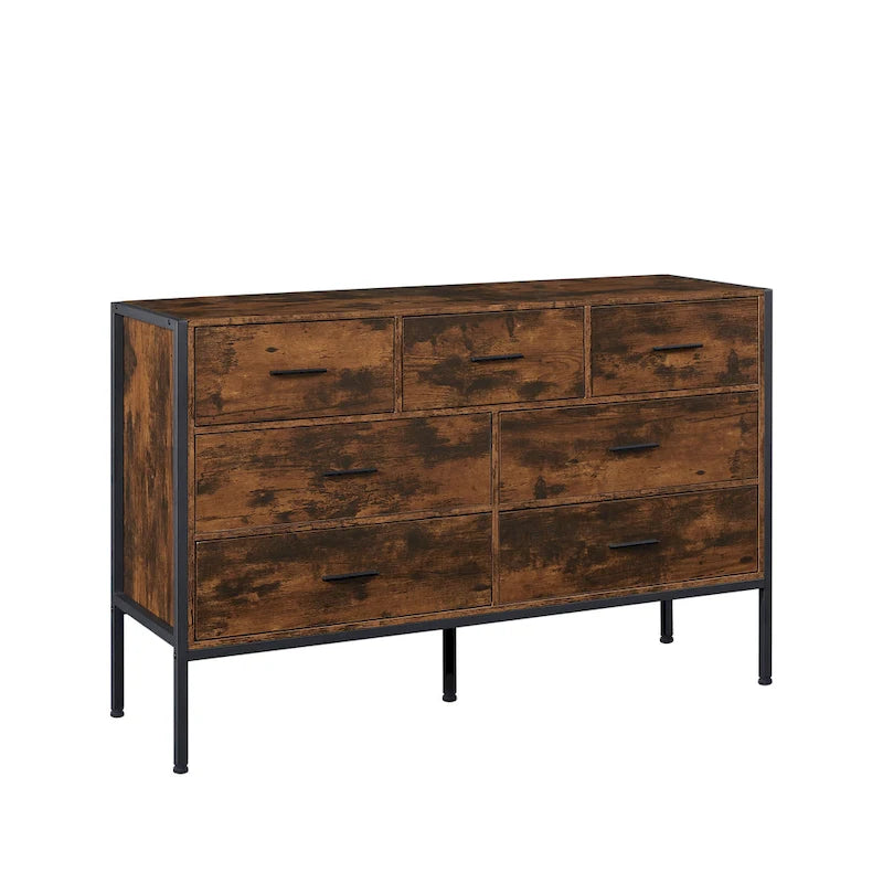 Commode en bois à 7 tiroirs, Armoire de rangement en bois pour chambre à coucher, Meuble à vêtements solide avec cadre en acier robuste